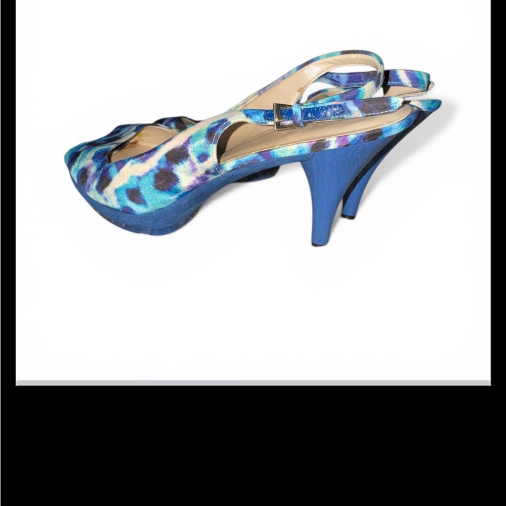 Nine West Blue Multi-Print Tie Dye Wild Print Peep-Toe Slingback Heels Size 10 - Picture 3 of 10